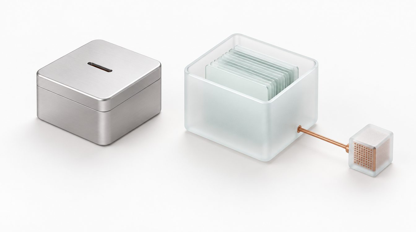 Links eine geschlossene Silberbox mit Schlitz, rechts ein offener Glasbehälter mit Karten und einem Filter